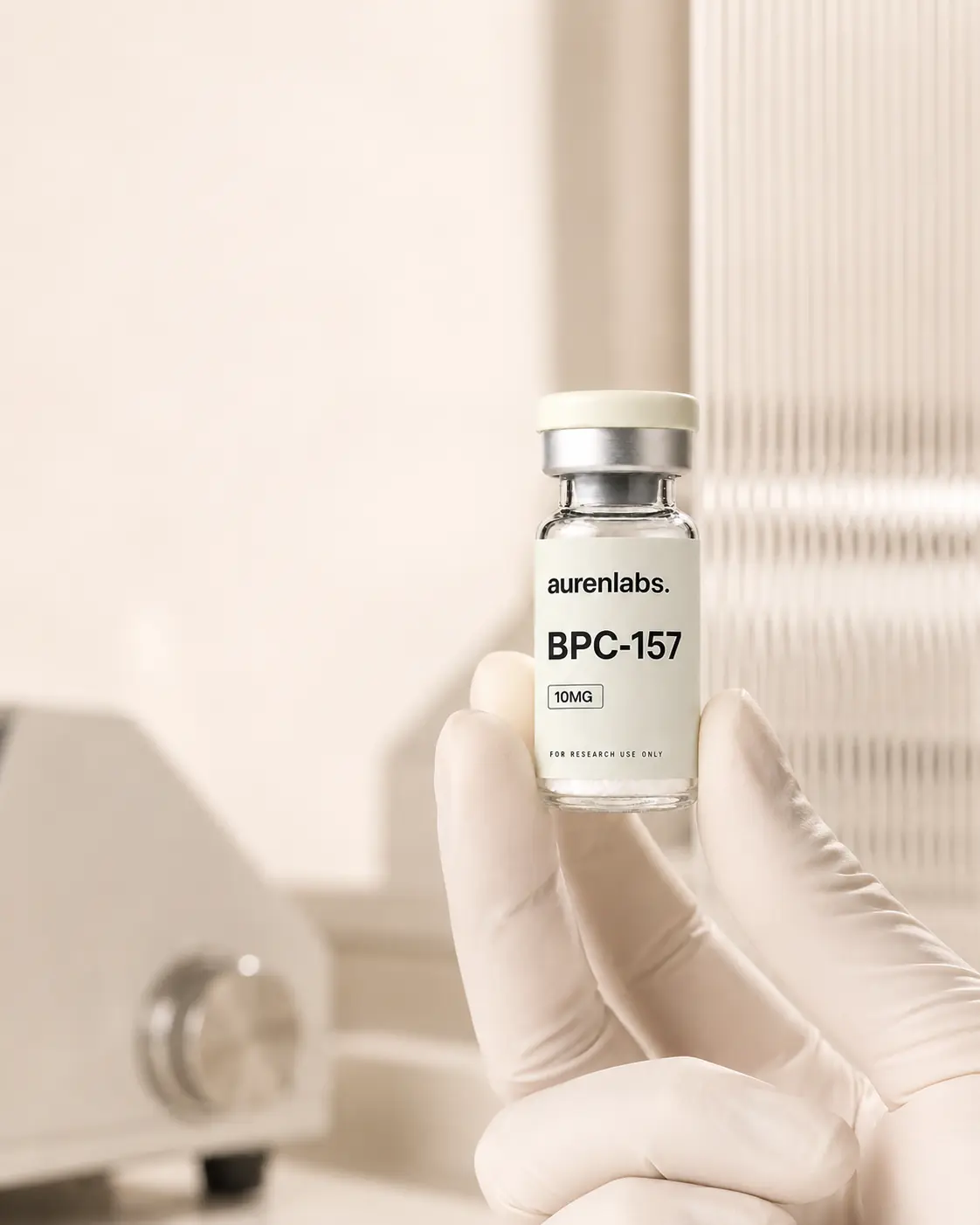 Auren Labs research vial handled carefully in a laboratory setting